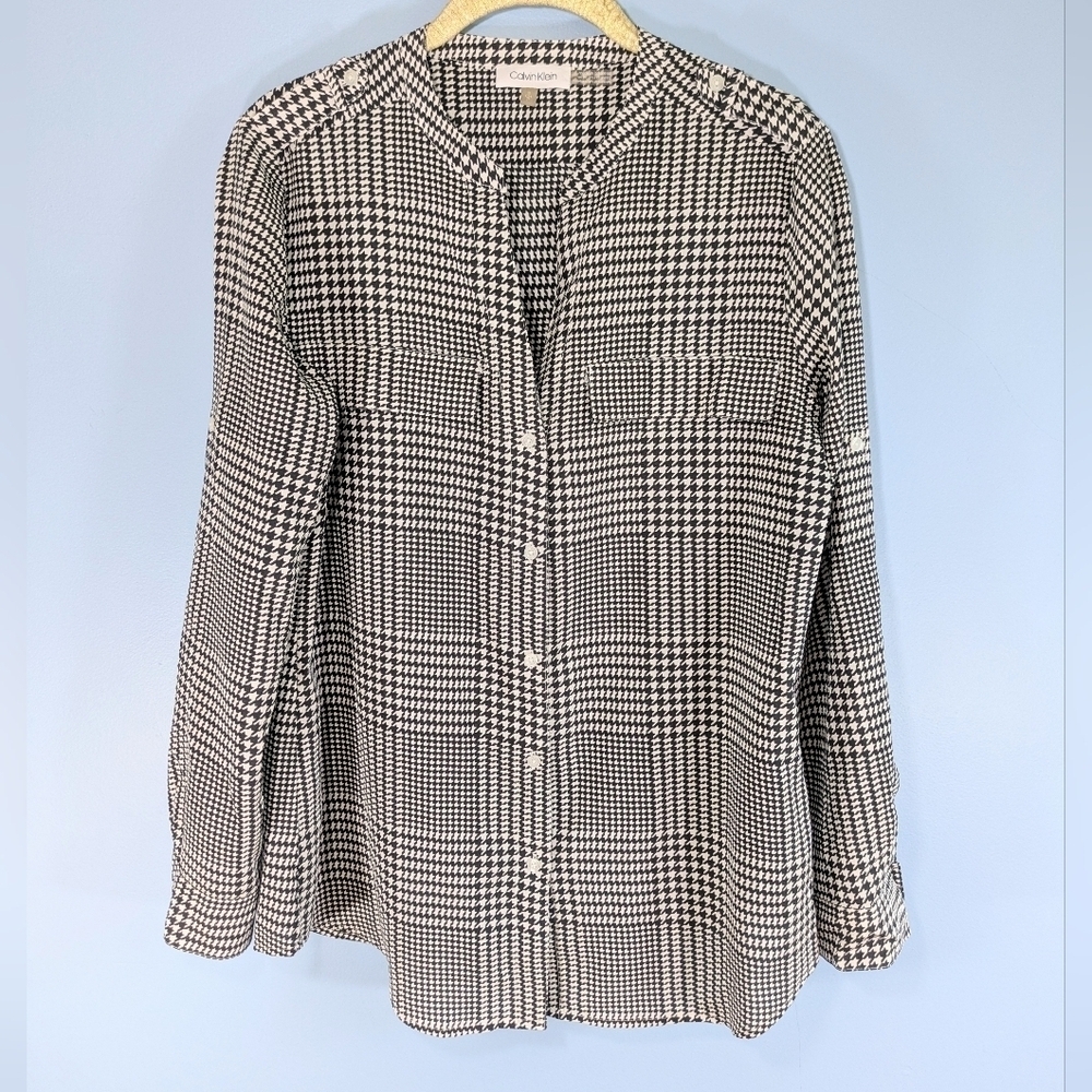 Calvin Klein Black/White Houndstooth Notch Neck Button Down Blouse